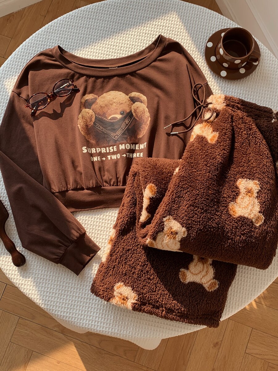 Comfortcana Women's Letter Cartoon Bear Print Sweatshirt And Waist Tie Long Pants Set - Brown - View 1