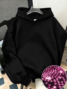 SHEIN Sparklyn 青少年女孩長袖連帽寬鬆黑色運動衫，萬聖節秋季派對街頭風休閒穿搭 - 黑色 - 查看 2