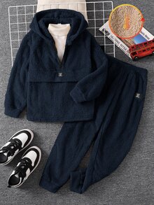SHEIN Little Byeori 2件組男童冬季休閒返校穿搭套裝，包含抓絨半拉鍊連帽衛衣與寬鬆休閒慢跑長褲，秋冬加厚保暖校園套裝 - 藏蓝色 - 查看 3