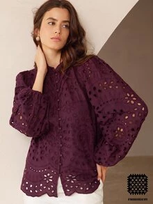 BELROSIE 夏季新款法式風情高級休閒復古優雅重工刺繡鏤空百褶泡泡長袖襯衫，適合早午餐茶會，丁香紫 - 酒紅色 - 查看 8