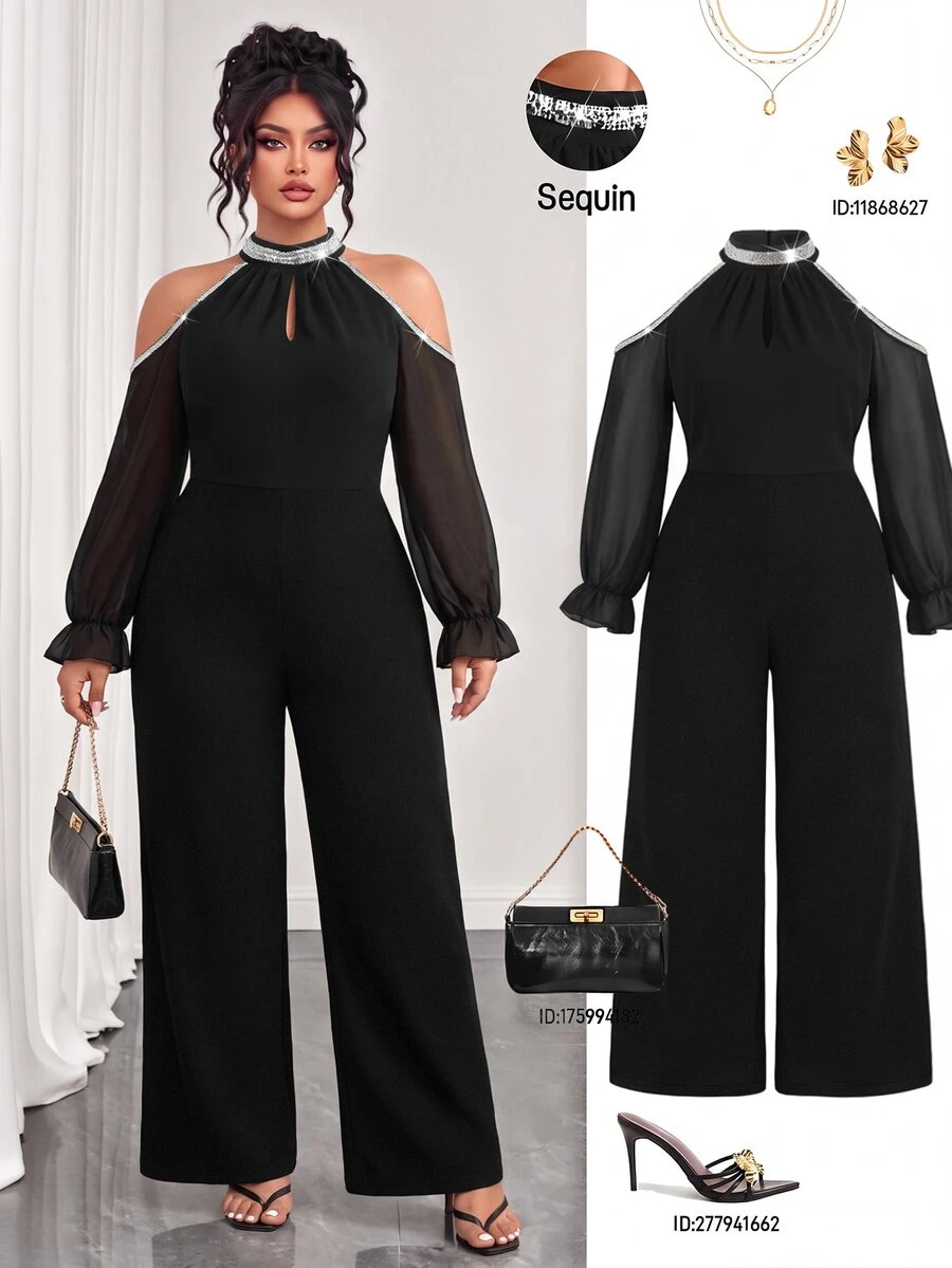 Femmeverse Plus Size Women's Patchwork Sequin Cold Shoulder Long Sleeve Elegant Wide Leg Jumpsuit - Black - View 1