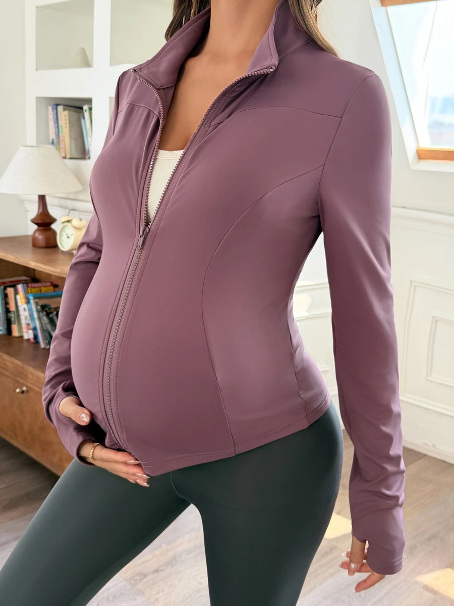 Dazy Maternity جاكيت أمومة كاجوال رياضي يومي بياقة واقفة وسحاب كامل وتصميم ضيق وأكمام طويلة لفصلي الربيع والخريف - الأرجواني - مشاهدة 1