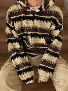 DAZY Autumn/Winter Teddy Fleece Vintage Striped Zip-Up Half-Open Hooded Sweatshirt For Men, Korean Style Hoodies - Multicolor - View 5