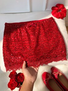Comfortcana 女款紅色亮片迷你裙 蕾絲飾邊閃亮貼身裙 派對夜店裝 女士聖誕性感優雅 - 酒紅色 - 查看 9