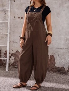 EMERY ROSE EMERY ROSE Plus Size Women's Wide Leg Loose Casual Denim Overalls - Brown - View 5