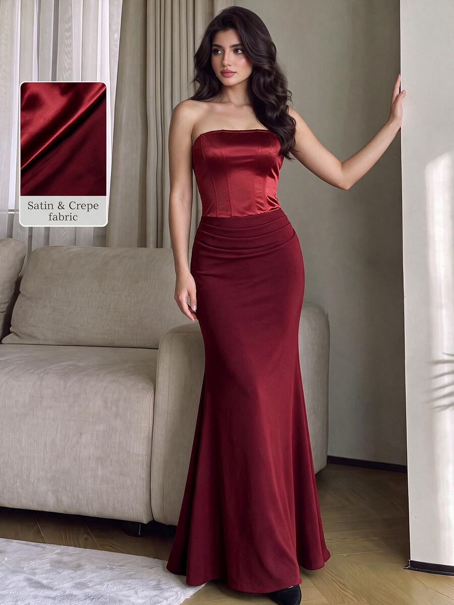 Modelyn Solid Color Pleated Design Strapless Fitted Mermaid Hem Elegant Bridesmaid Dress (Adult) - Burgundy - View 1
