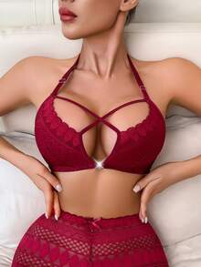 SHEIN 1 áo ngực ren nữ cài trước, nâng ngực đẩy cao - Đỏ - Xem 5