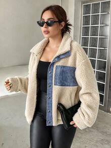 Easura Women's Plus Size Autumn/Winter Single Piece Denim Contrast Color Zipper Pocket Lamb Fleece Jacket, Loose Short Street Style Versatile Plush Jacket - Apricot - View 1