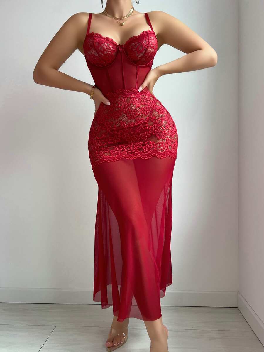 SHEIN 高端優雅蕾絲拼接網紗長洋裝 + G-String 2件套 - 酒紅色 - 查看 1