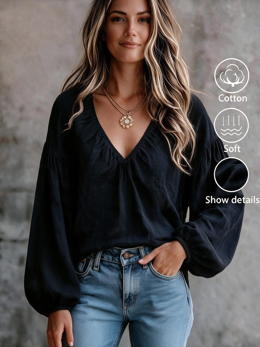 SHEIN LUNE CURVE Plus Size V-Neck Gathered Texture Cotton-Feel Blouse, Loose Lantern Elastic Cuffs Long Sleeve, Casual Vacation Style Ruched Shirt - Black - View 1