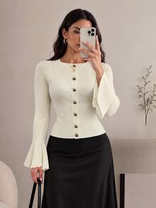Modelyn Women's Flared Sleeve Button-Up Fitted Long Sleeve White Cardigan, Autumn/Winter - White - View 7