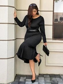 Easura 大尺碼修身優雅圓領時尚通勤長袖人造皮革拼接魚尾長洋裝 秋季 - 黑色 - 查看 1