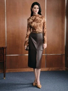 Anewsta Women's Autumn/Winter Elegant Commute High Elastic 3D Floral Burnout Semi-High Neck Fitted Pullover Top - Brown - View 6