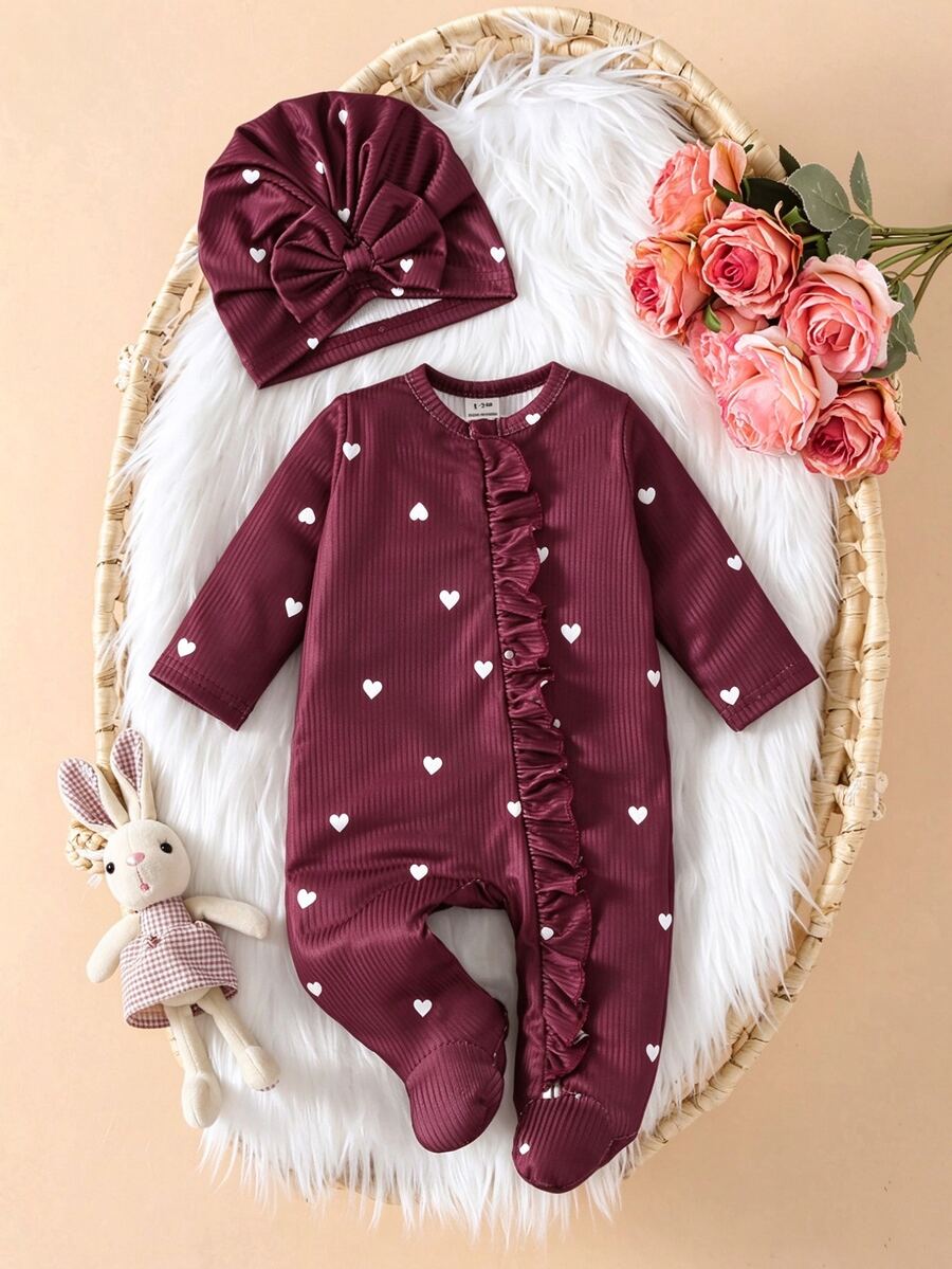 SHEIN Baby Girl 2pcs Ribbed Heart Print Footed Romper With Ruffle & Bow Hat Set, Soft Knit Autumn Daily Wear - Burgundy - View 1