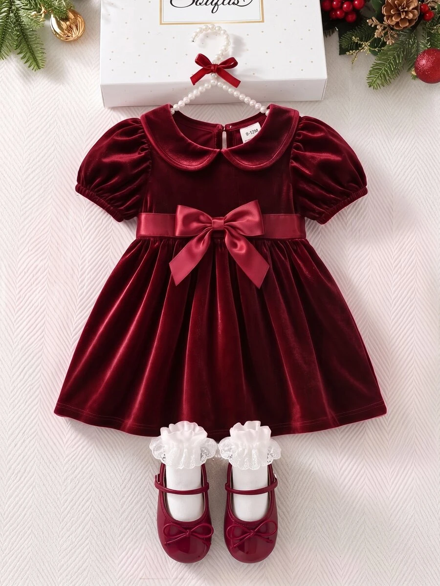 SHEIN Baby Girl Bow Decor Peter Pan Collar Fashion Party Dress - Red - View 1