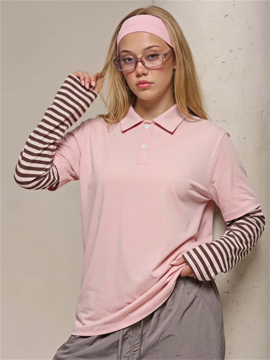 SHEIN 青少年女孩粉色領口長袖T恤,純色條紋袖對比設計,學院風街頭穿搭,老錢風美學,秋季上衣,休閒,度假 - 粉色 - 查看 1