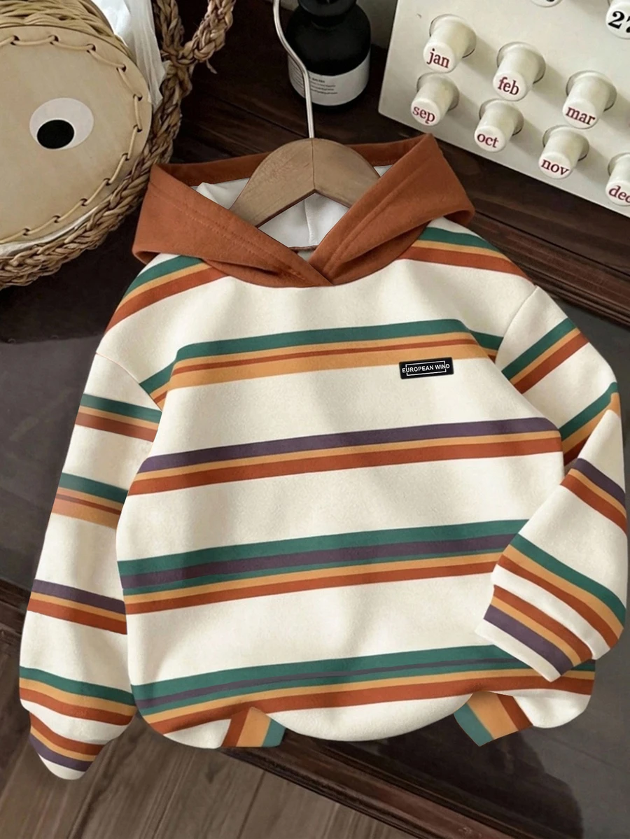 Young Boy Hooded Long Sleeve Sweatshirt With Striped Pattern, Suitable For Autumn/Winter - Multicolor - View 1