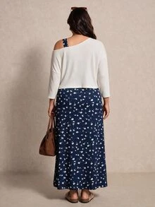 Elaquor Plus Size Solid Color Top & Ditsy Floral Dress 2 Pieces Set Elegant 2 Pieces Set For Women Fall/Winter Casual Daily Going Out 2 Pieces Set For Women - Navy Blue - View 2