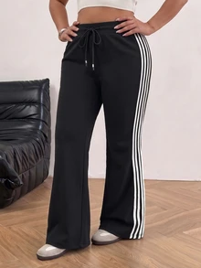 Muchica Plus Size Women's Side Stripe Drawstring Waist Casual Flare Sweatpants - Black - View 4