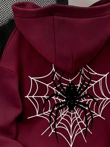 Tween Girls Spider Web Pattern Burgundy Zip-Up Sweatshirt, Red Long Sleeve Gothic Style Halloween Hooded Jacket, Suitable For Spring, Autumn And Winter - Multicolor - View 3