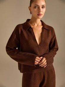 CLARA VERO Shirt Collar Knit Palazzo Set, Oversize Fit, Daily Or Home, Polo Neck, Pocket Pant, Wide Leg - Brown - View 6
