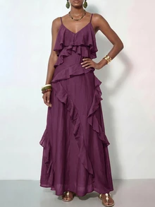Zivah Women's Solid Color Multi-Layer Ruffle Fashion Vacation Spaghetti Strap Dress - Purple - View 3