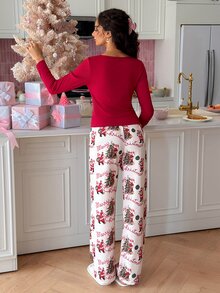 SweetSlumber Cute Christmas Sweet INS Contrast Color Santa Claus & Christmas Tree Print Fitted Sexy Women's Pajama Set - Multicolor - View 5