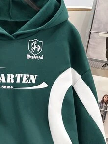 SHEIN 青少年女孩拼色字母印花寬鬆休閒運動衫 秋冬款 - 綠色 - 查看 7