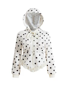 ROMWE Kawaii Women's Polka Dot Print Zipper Front Tie Hooded Sweatshirt - Apricot - View 1