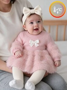 SHEIN Infant Girl Pink Sweater Dress, Soft Feminine Versatile Stylish Daily Wear, Handmade Bow, Exquisite Cute, Suitable For Outings, School, And Travel - Pink - View 3