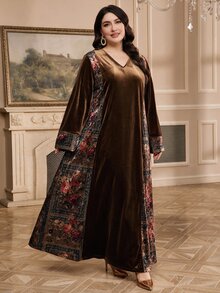 Al Najma 大尺碼女款花卉印花V領長袖阿拉伯風洋裝 - 彩色 - 查看 6