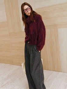 MOTF PREMIUM WOMEN'S SOLID COLOR LONG SLEEVE TOP AND SCARF CASUAL KNIT SET - Burgundy - View 4