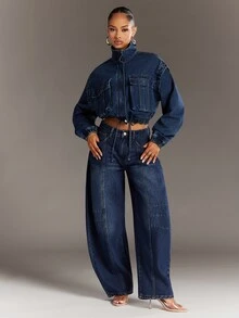 Denimoi Stylish Turtleneck Pocket Cargo Denim Jacket - Dark Wash - View 3