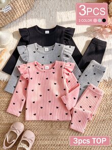 SHEIN Vintaside Kids 3件組女嬰荷葉邊羅紋長袖上衣 可愛愛心印花素色打底衫 舒適嬰兒上衣 秋冬日常穿著 - 彩色 - 查看 1