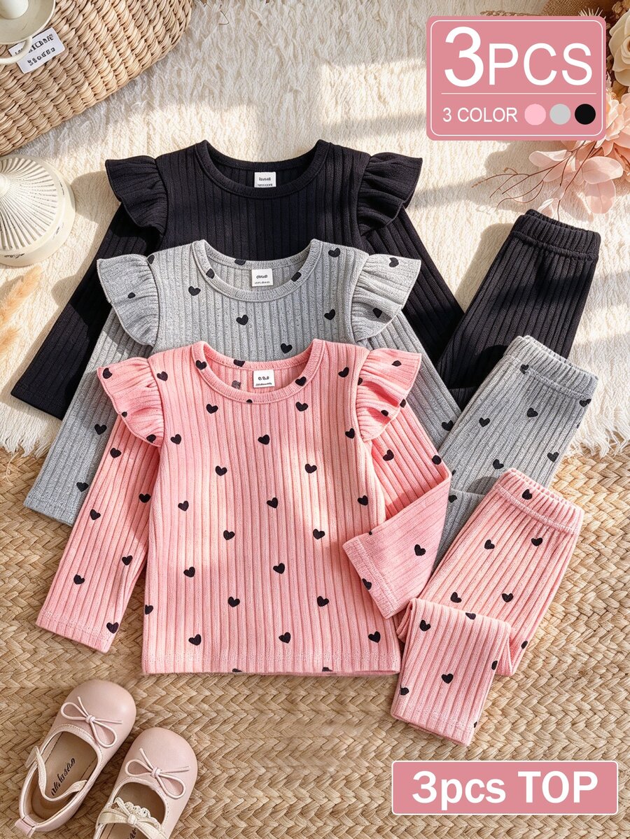 SHEIN Vintaside Kids 3件組女嬰荷葉邊羅紋長袖上衣 可愛愛心印花素色打底衫 舒適嬰兒上衣 秋冬日常穿著 - 彩色 - 查看 1