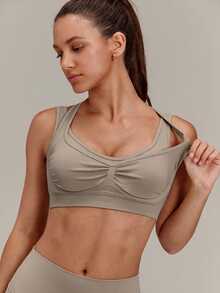 GLOWMODE Seamless Summer Glow Racerback Sports Bra With Mock 2-In-1 Push-Up Design & Removable Cups Low Impact Yoga Pilates Studio Active Wear - Khaki - View 3