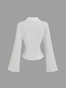 Sweetra Women's Vintage Spicy Style Fitted Long Sleeve Blouse With Cinched Waist And Flared Hem - White - View 3