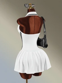 Amplova Women's Striped Colorblock Pleated Dress And Shorts Sportswear Set - White - View 4