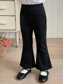SHEIN Sparklyn 少女純色高腰彈性喇叭褲休閒運動瑜伽喇叭緊身褲附口袋 - 黑色 - 查看 3