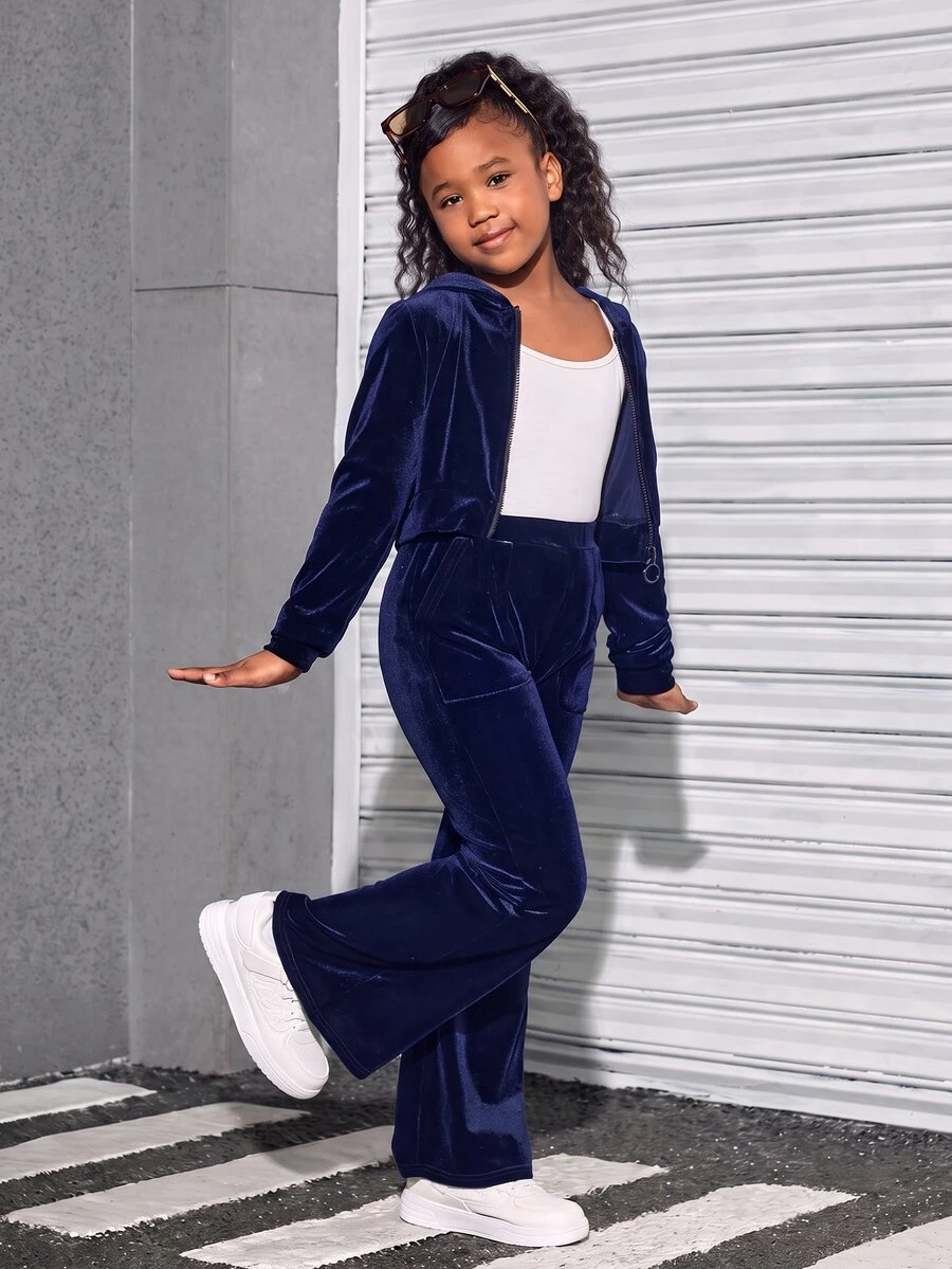 SHEIN 青少年女孩天鵝絨連帽開襟衫與長褲運動休閒套裝 - 藍色 - 查看 1