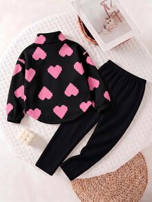 Young Girls Pink Leopard Print Half-Zip Stand Collar Sweatshirt Set With Curved Hem And Elastic Cuffs, Sweet Casual Style - Multicolor - View 2