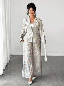 Elenzga Autumn Plus Size New European & American Style Faux Print Pattern Blazer Slim Fit Long Sleeve Jacket & Flared Long Pants 2 Pieces Set Green Print Pattern Suitable For Commuting, Daily, Office And Multiple Occasions - Green - View 4