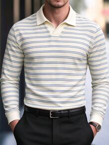 Calvornis Men's Striped Casual Long Sleeve Polo Shirt For Daily Wear - White - View 3