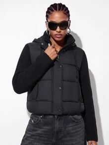 Aveloria GENKIRA Women's Padded Coat Short Straight Knit Patchwork High Neck Drawstring Modern Streetwear Casual Black Quilted Plaid Puffer Jacket Winter Club Everyday - Black - View 3