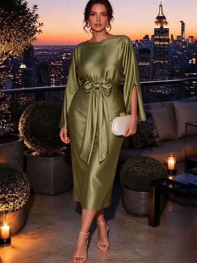 Cravure Plus Size Women's Evening Dress, Satin Boat Neck, Slit, Flare Sleeve, Straight Cut, Tie Waist, Bow, Slimming, Mid-Length Dress For Date And Party Fall
