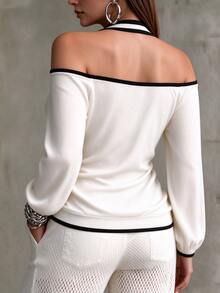 Linhara CURVE Plus Size Women's Autumn/Winter Halter Neck Colorblock Knit Casual Daily Commute Top Fall - White - View 2