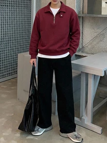 DAZY 男士純色 Polo 領可調節鈕扣設計套頭運動衫，秋冬季 1/4 拉鍊連帽衛衣 - 酒紅色 - 查看 4