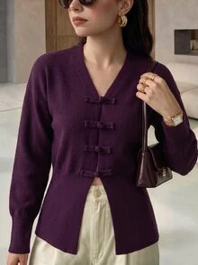 Mulvari Women's V-Neck Design Frog Button Autumn/Winter Long Sleeve Cardigan Burgundy Vintage Fall/Winter Christmas Going Out - Purple - View 5