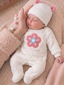SHEIN 新生兒花卉圖案休閒日常長袖冬季連身衣 - 白色 - 查看 8