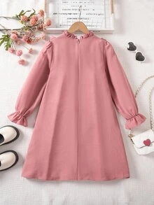 SHEIN 少女花卉刺繡荷葉領長袖可愛洋裝 - 粉色 - 查看 2